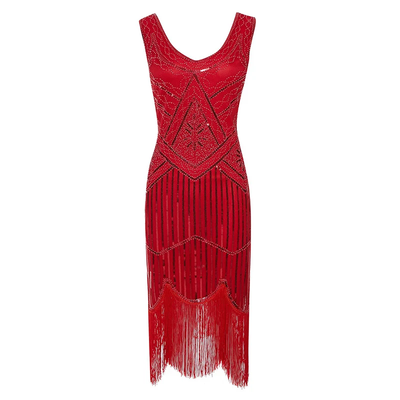Red Dress 1920s Гэтсби блесток бахромой Пейсли Хлопушка платье с 20s аксессуары набор xs, s, l, m, xl, xxl - Цвет: Red Dress