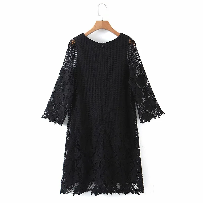 

Oversized Elegant Black Lace Embroidery Dress Women's 2021 New Spring Summer Casual Hollow Out Short Dresses For Fashion Ladies