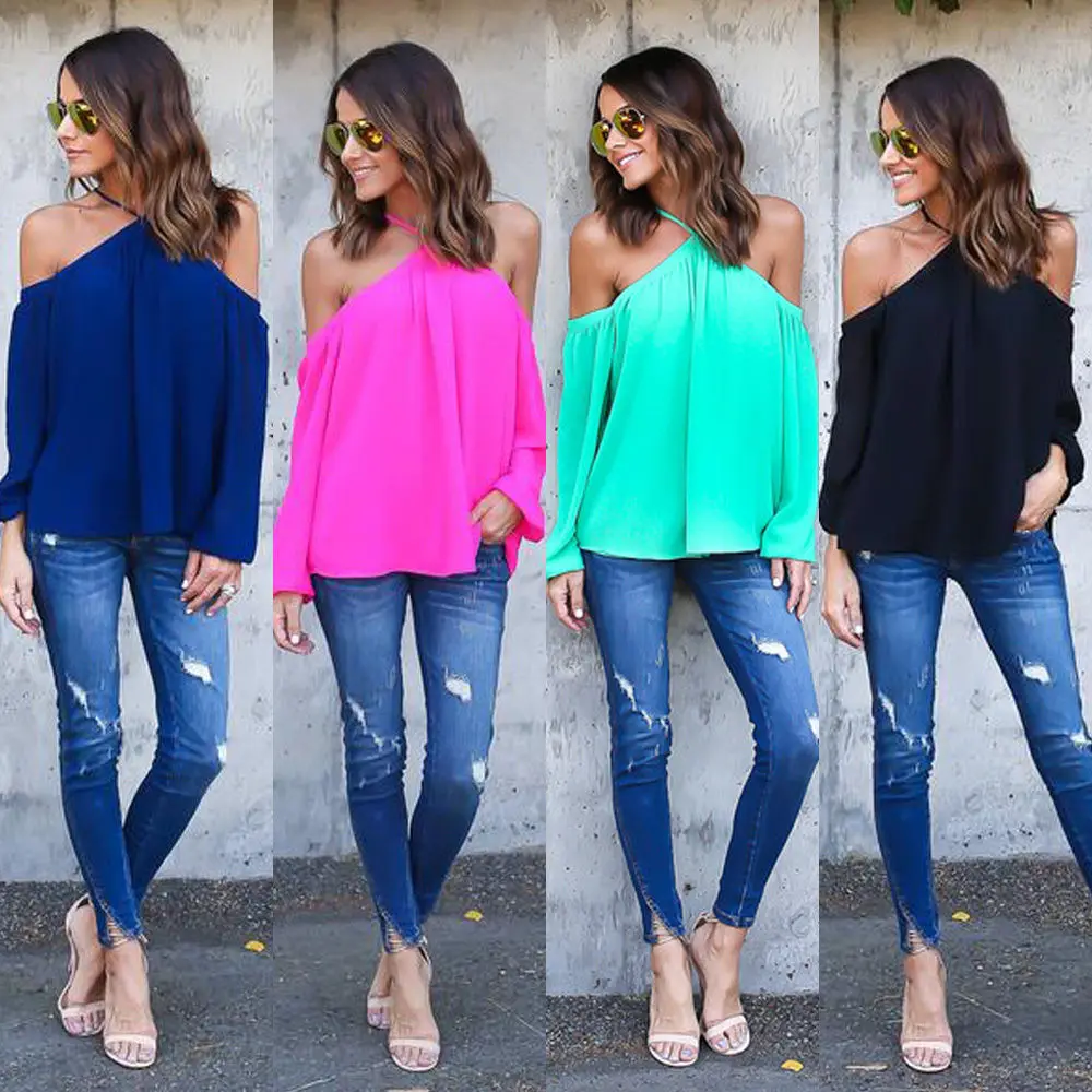 

2019 Hot Selling Sexy Strap off-Shoulder Long-Sleeve Chiffon Shirt Top Women's Clothing
