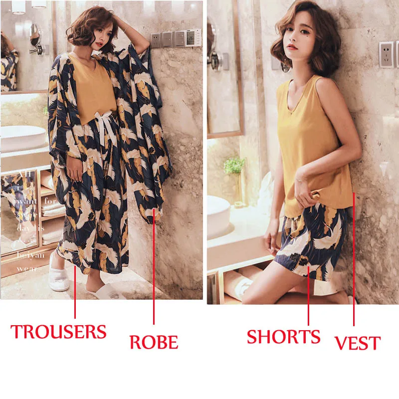 Пижамы женские весенние и осенние новые хлопковые шелковые пижамы из четырех