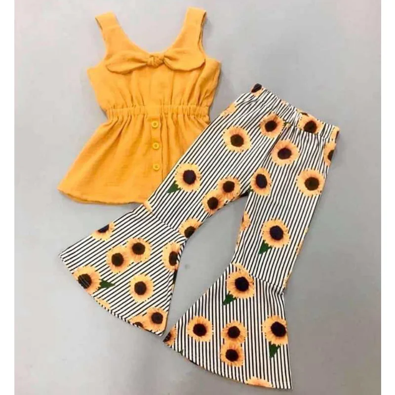 

Kids clothing sets with sunflower prints bell pant for girls' outfits