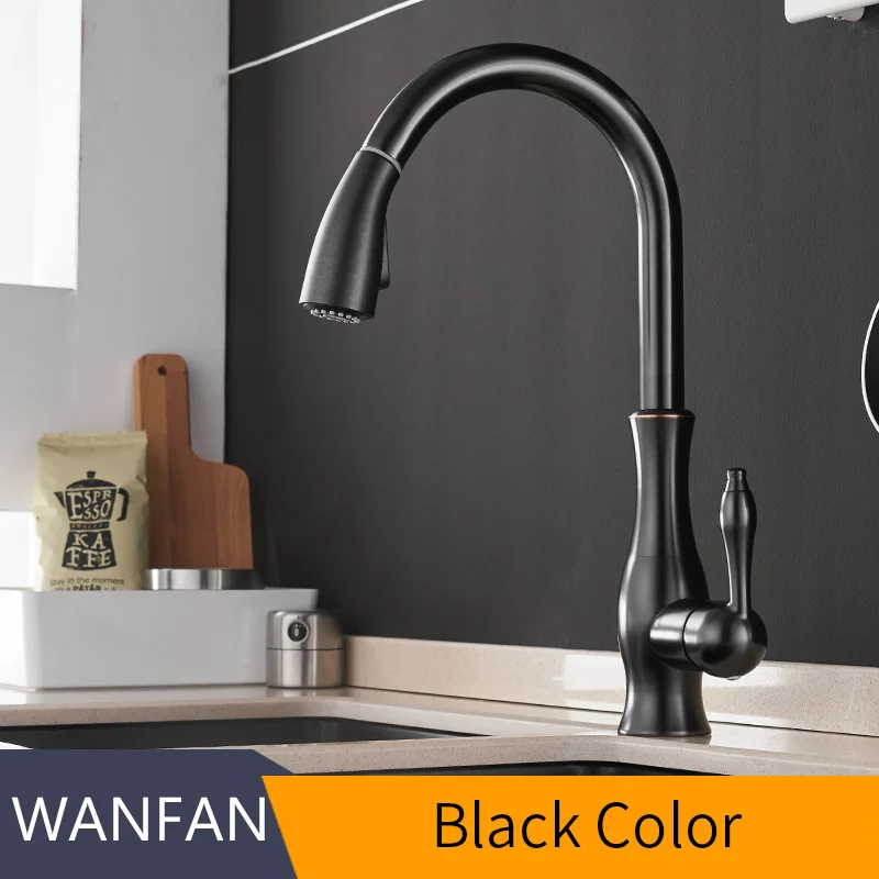 Black color Золотые кухонные смесители, серебристые, с одной ручкой, выдвижной кухонный кран, с одним отверстием, с ручкой, поворотный градусов, смеситель для воды, смеситель, кран 866011 - Цвет: Black color