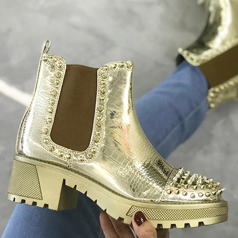 

Fashion Chelsea Boots Sexy Rivet Autumn Boots Women Platform Boots Gold Silver Leather Gothic Punk Combat Boots For Women