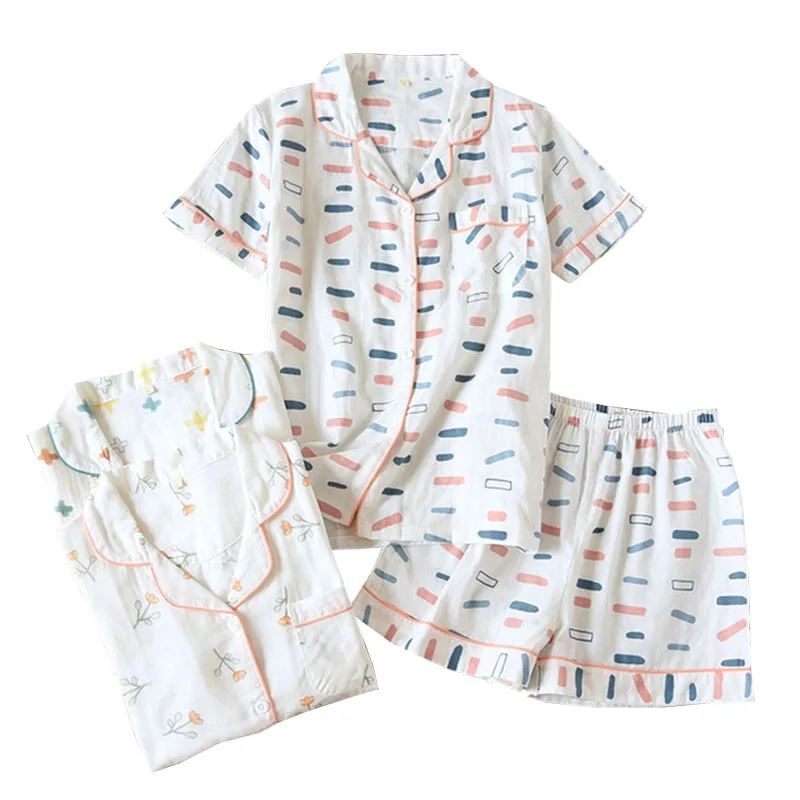 

Summer New 100% Gauze Cotton Ladies Short Sleeve Fresh Style Turn-Down Collar Pajamas Set Women Comfort Thin Household Sleepwear