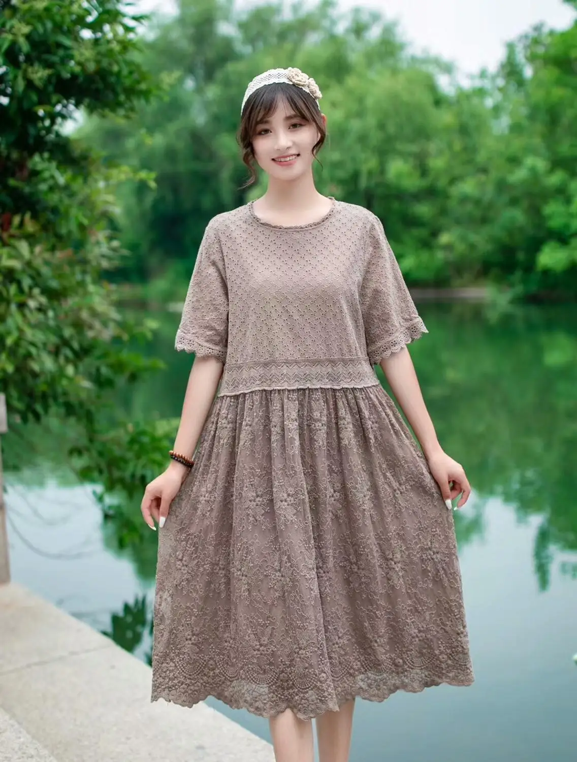 

Boutique embroidery lace layers patchwork short sleeve lolita dress