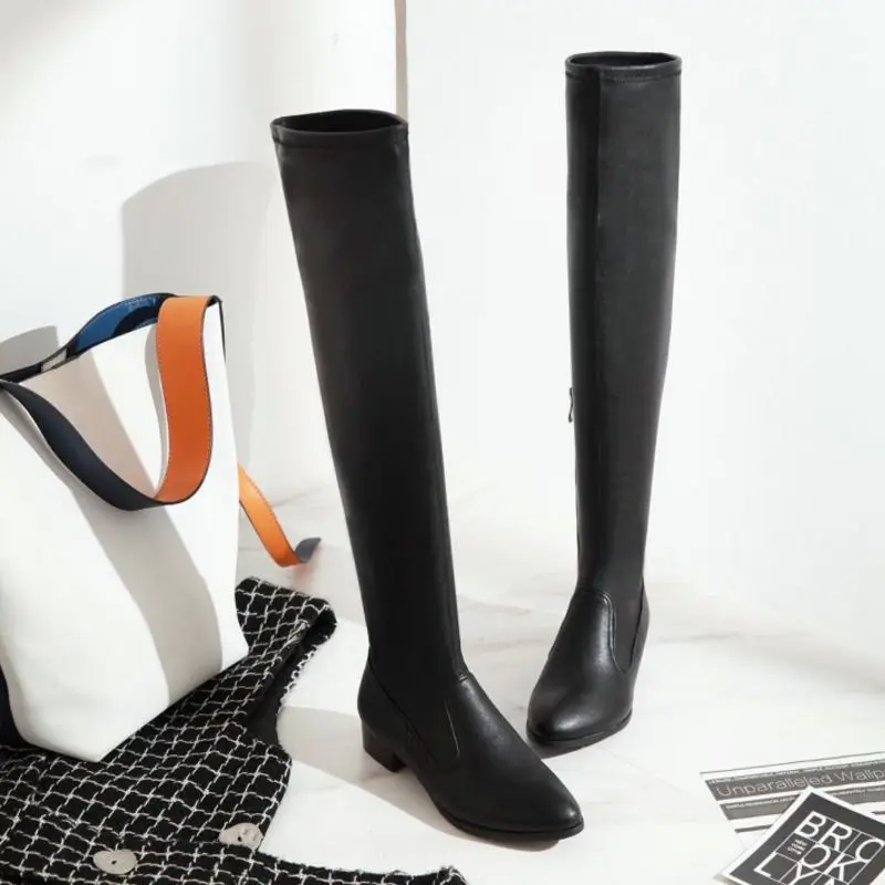 Taoffen/женские ботфорты черного цвета пикантные женские высокие сапоги на плоской