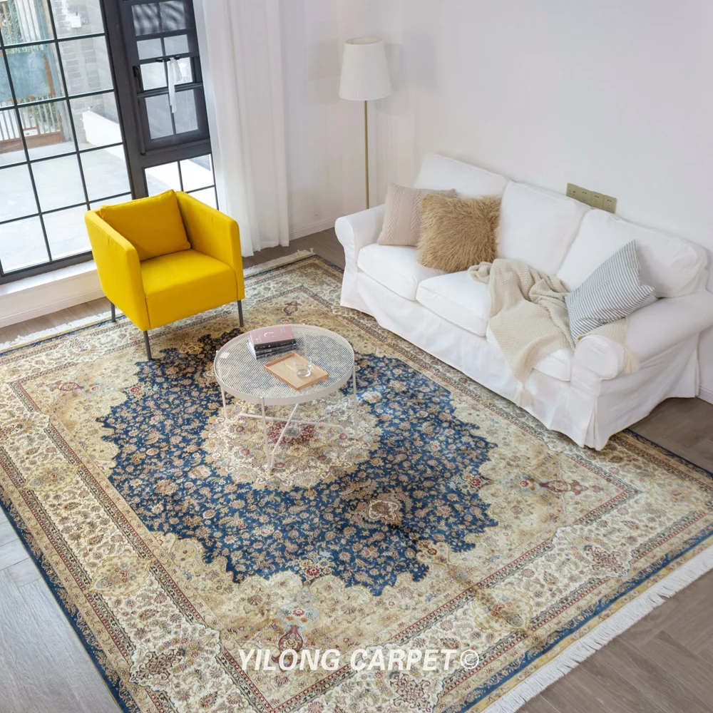 Koop Yilong 9'x12 'Blauw Perzische Handgemaakte Grote Maat Hereke Zijden Tapijt (YL2003)