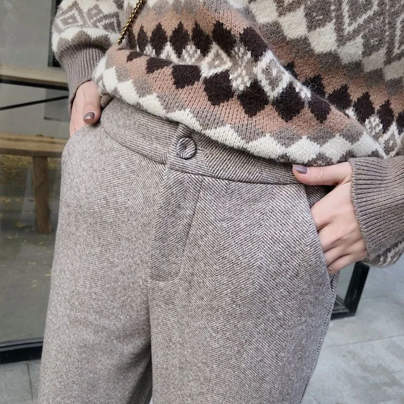 

Woolen harem pants Office women 2020 Autumn Winter Fashion all-match High Waist elastic Trousers