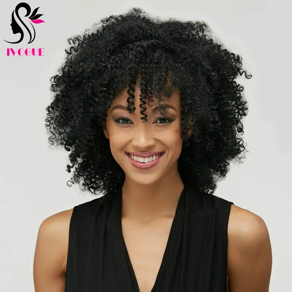 

Afro Kinky Curly Human Hair Wig with Bangs 180% Density Silk Base Scalp Top Wig Jerry Curl Full Machine Wigs Skin Natural Black
