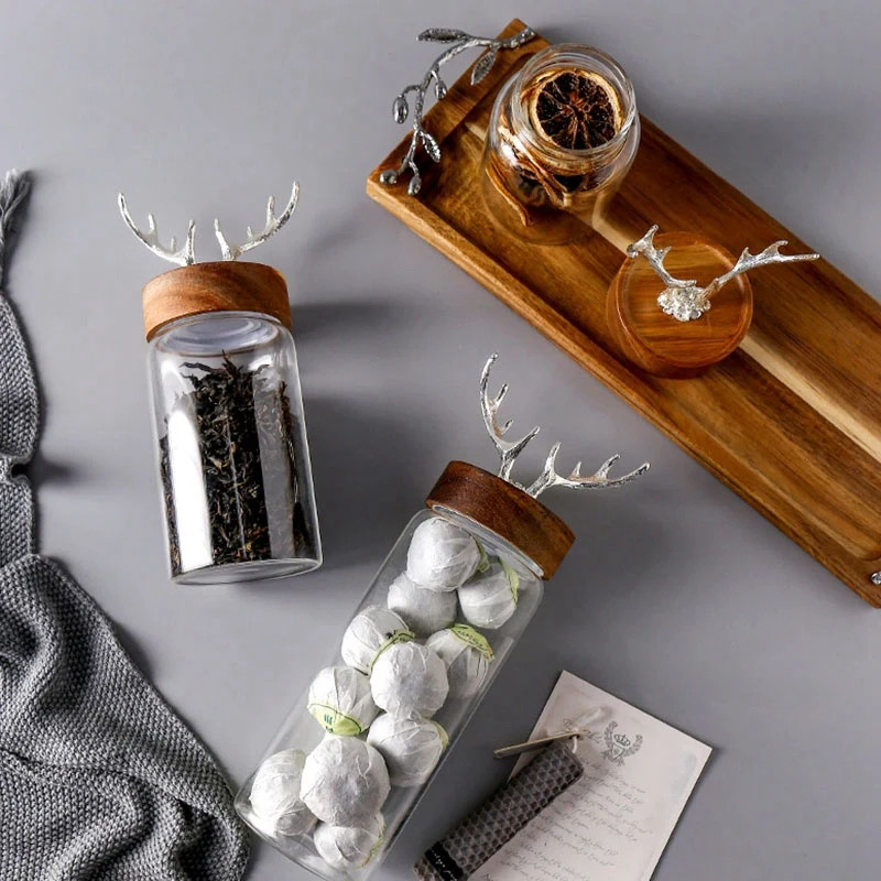 

2x Glass Bottle Nordic Glass Storage Jar Food Storage Bottle Acacia Wood Cover Sealed Jar Sugar Jar Tea Box -S & L