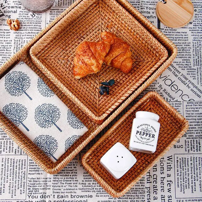 

Hand-Woven Storage Basket Rattan Storage Tray Wicker Baskets Bread Fruit Food Breakfast Display Box Handicrafts Home Decoration