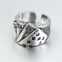 playing card chunky cubic zirconia engraved adjustable silver color ring for men vintage wholesale jewelry
