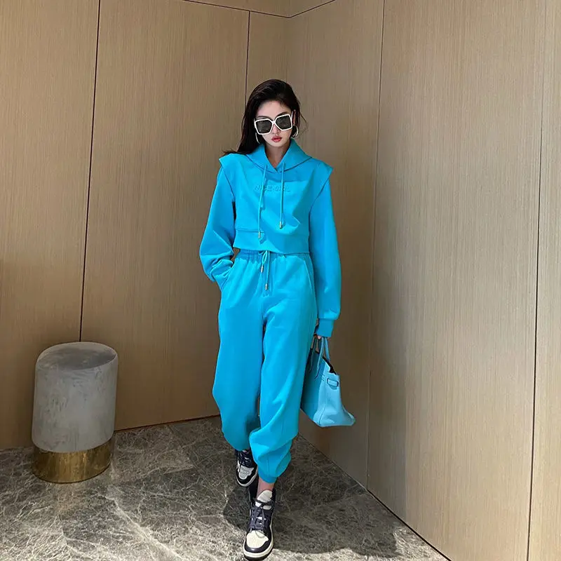 

Fleece Lined Hoodies 2 PCS Set Women Elegant Pullover +Pants Long sleeve Overalls Spring Sportwear Tracksuits New