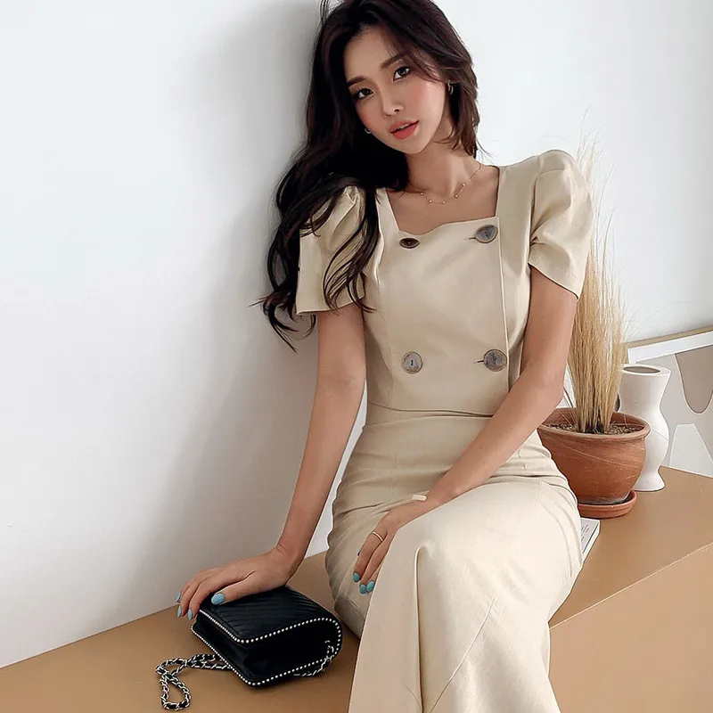 

New Two-piece Suit Women's 2021 Korean Temperament Slim Double-breasted Jacket Waist Bag Hip Fishtail Dress Sets