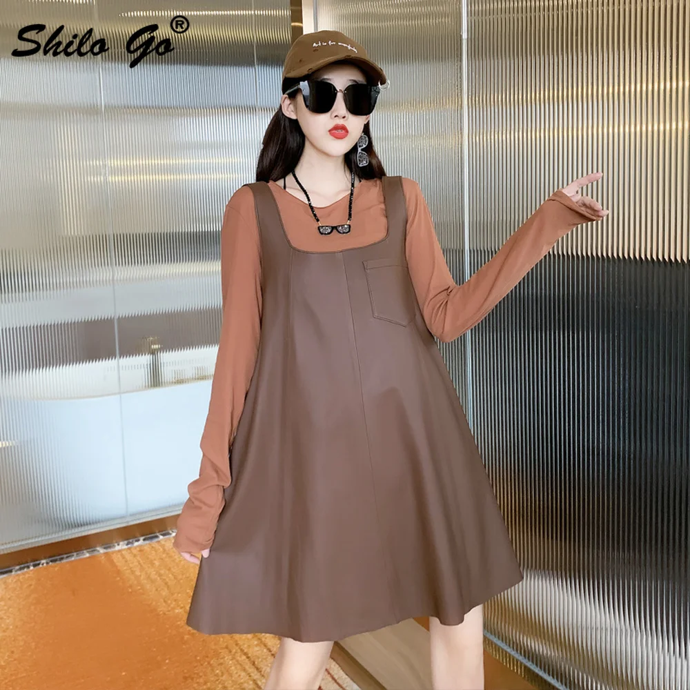 

Concise Solid Pocket Detail A Line Dress Women Casual Straped Plus Size Knee-Length Genuine Leather Dress Sheepskin Dresses