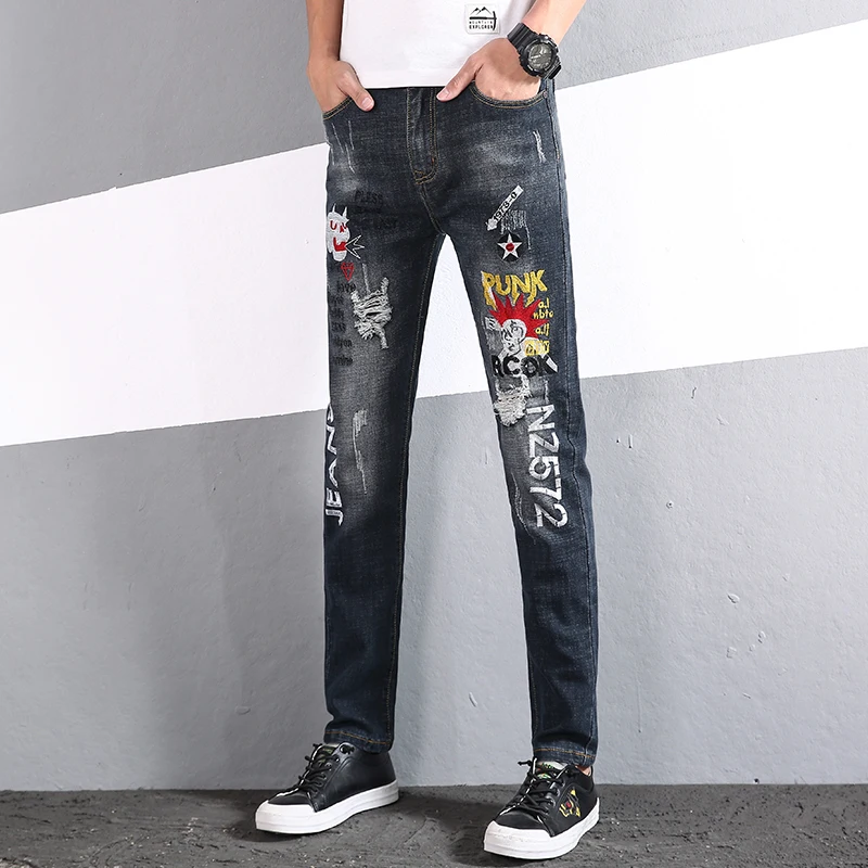 

Blue Black Men'S Embroidered Jeans Trendy Streetwear Fashion Printed Stretch Straight Denim Pants Male Small Feet Pencil Pants