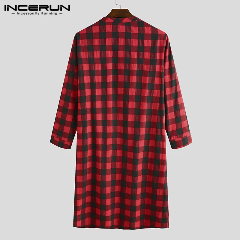 INCERUN 2020 Plaid Men's Sleep Robes Soft Loose Loungewear Long Sleeve V Neck Leisure Pajamas Men Nightgowns Cozy Homewear | Мужская