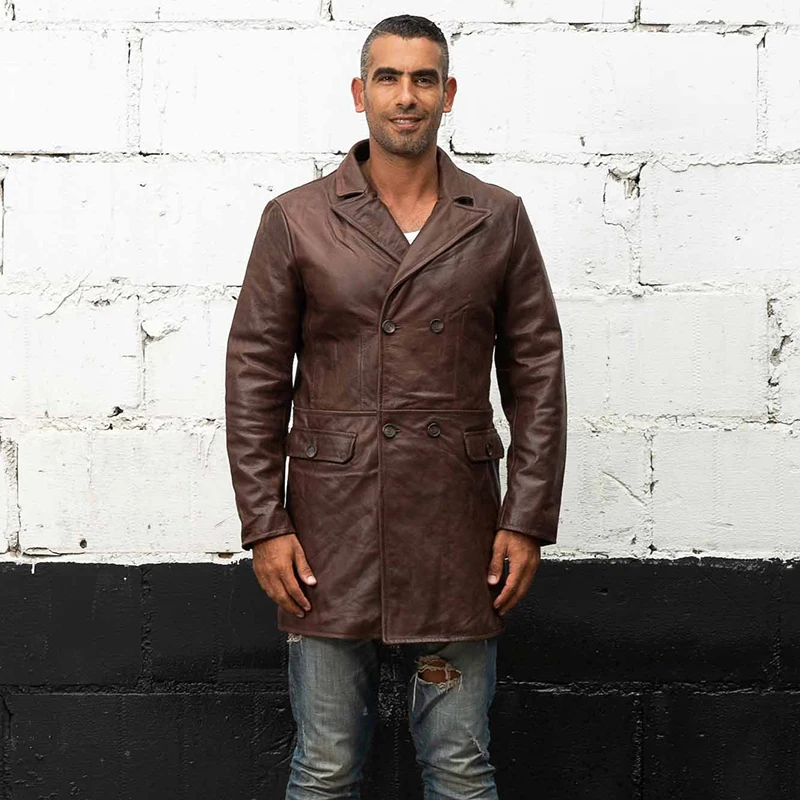 Мужская длинная мотоциклетная куртка коричневый двубортный жакет из