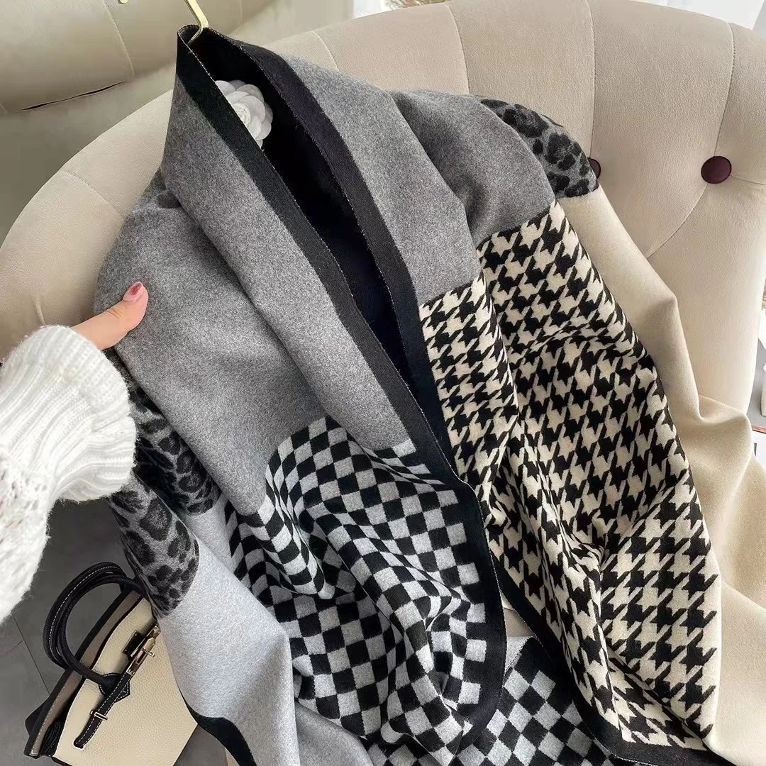 Manta de marca de lujo para mujer, bufanda de doble cara, capa de leopardo, chal largo de empalme a cuadros, chal de Cachemira de anacardo, c&aacute;lido para invierno-4