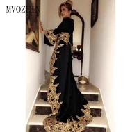 black v neck long sleeves evening dresses 2019 new arrival gold appliques holiday wear formal party prom gowns plus size