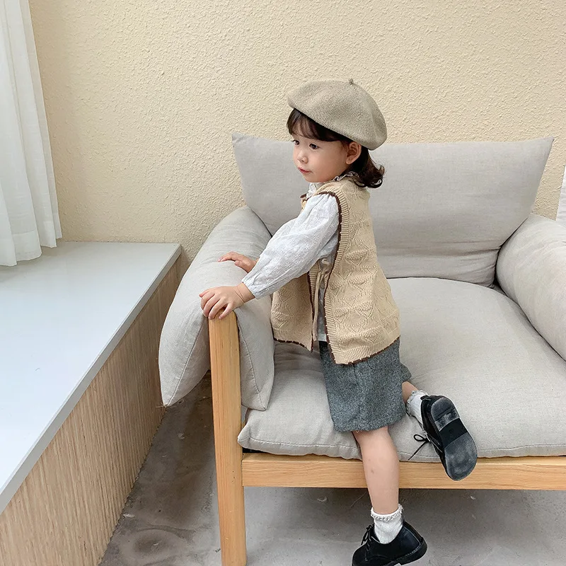 

Korean Vintage Kids Outfits Linen Cotton Girl Floral Blouse Shirt Baby Sleeveless Knit Vest Boy Sweater Shorts Child Clothes Set