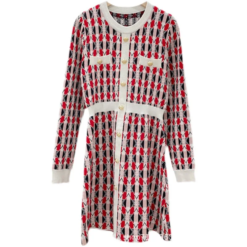 

Fadan m family 2021 spring and summer new small fragrance contrast jacquard rhombic round neck slim knit dress