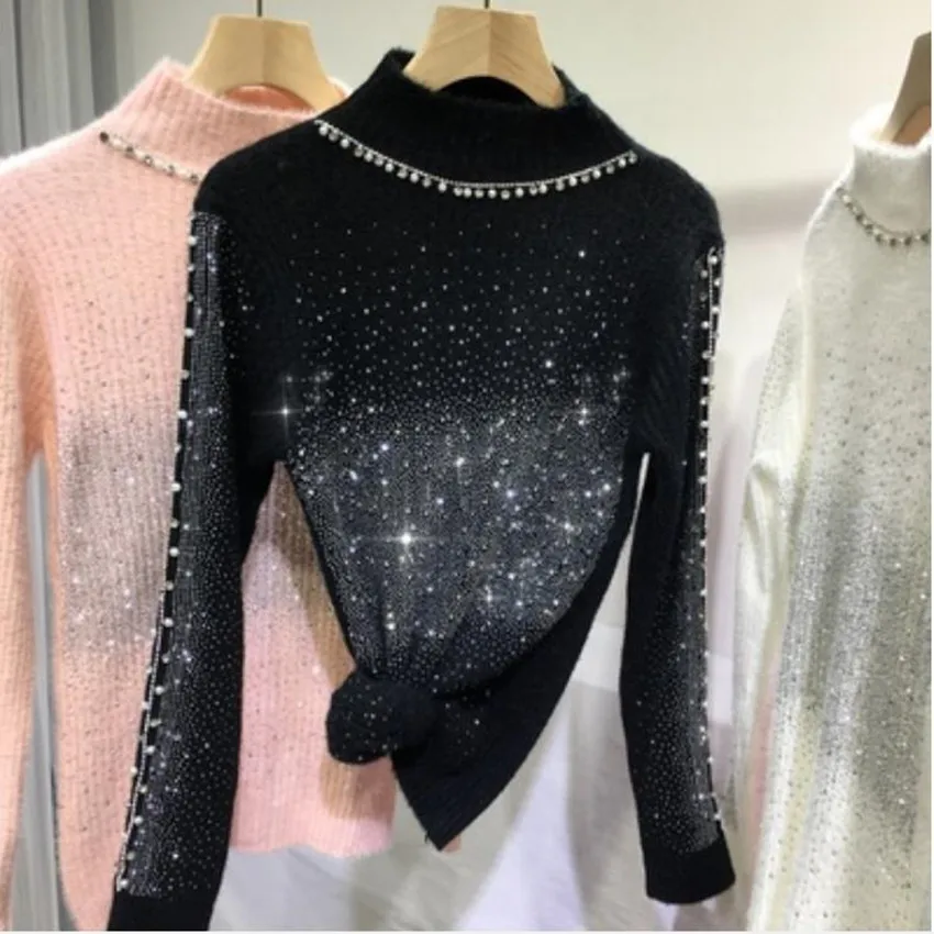 Heavy industry hot drilling sweater womenmink velvet beaded slim half turtleneck warm pullovers autumn and winter