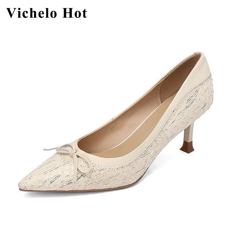 

Vichelo Hot spring luxury customization snake leather shallow shoes pointed toe thin high heels gingham bowtie women pumps l02