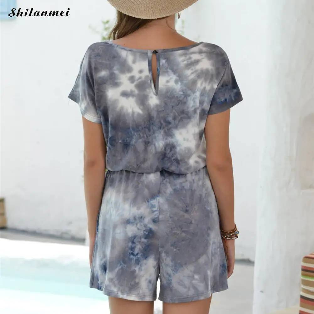 

Summer Overalls O-Neck Short Sleeve Wide Leg Pants Jumpsuits Casual Rompers Women Tie Dye Printed Lace-Up Pockets Female 2XL