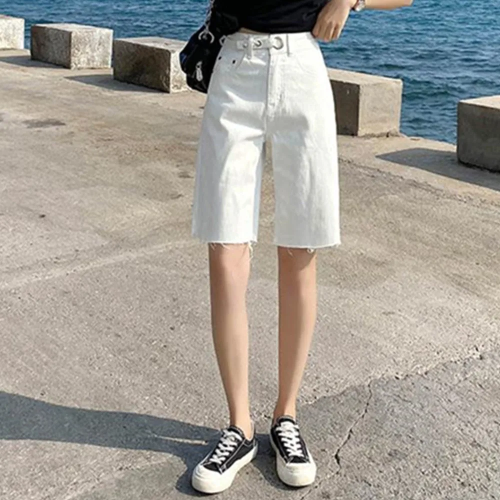 Женские джинсовые шорты с завышенной талией белые шорты-бермуды до колена лето