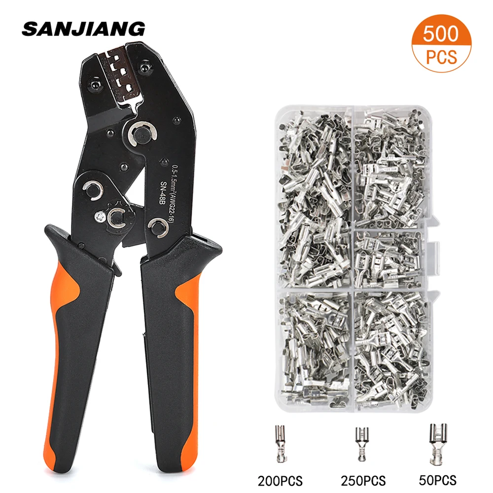 SN-48B mini precision jaw crimping tool 0.5-2.5mm2 AWG20-13 with 500pcs/lot Tab 2.8 4.8 terminals sets crimping pliers kit