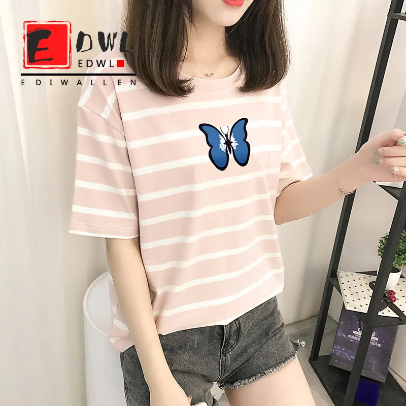 

European Black And White Stripe T-shirt Women's Summer Tide Cotton Short Sleeve Loose Cartoon Print Versatile Half Sleeve Top