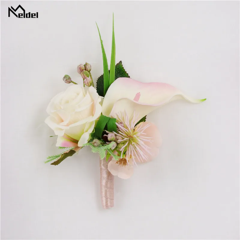 Meldel Silk Rose Calla Wedding Corsages and Groom Boutonnieres Bridesmaids Wrist Bracelets Marriage Party Prom Men Suit Flowers |