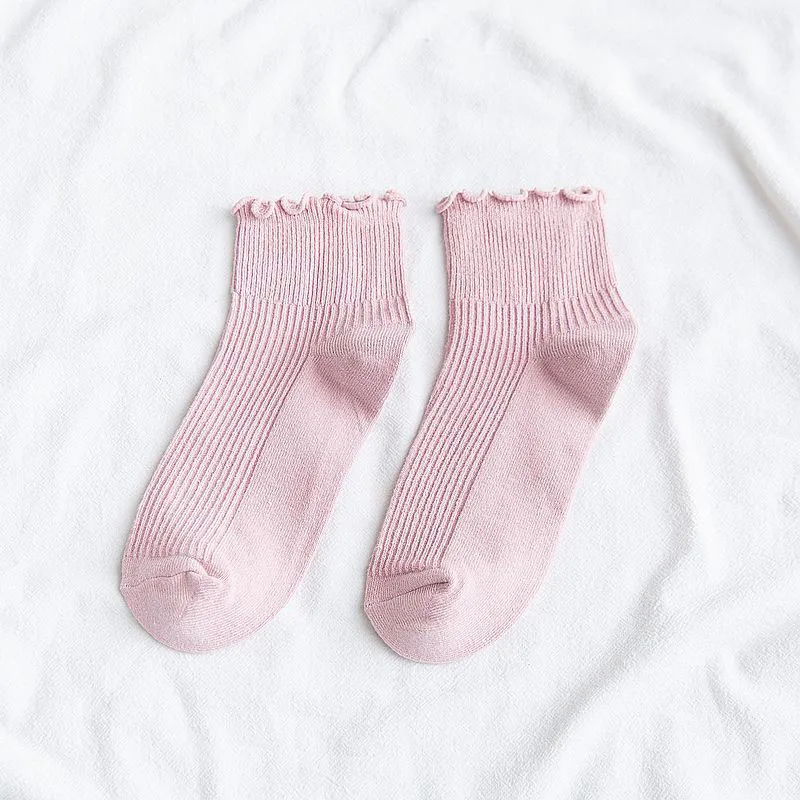 pink Мягкие кружевные женские носки с оборками однотонные хлопковые осенне-зимние носки женские повседневные просверленные носки Harajuku - Цвет: pink