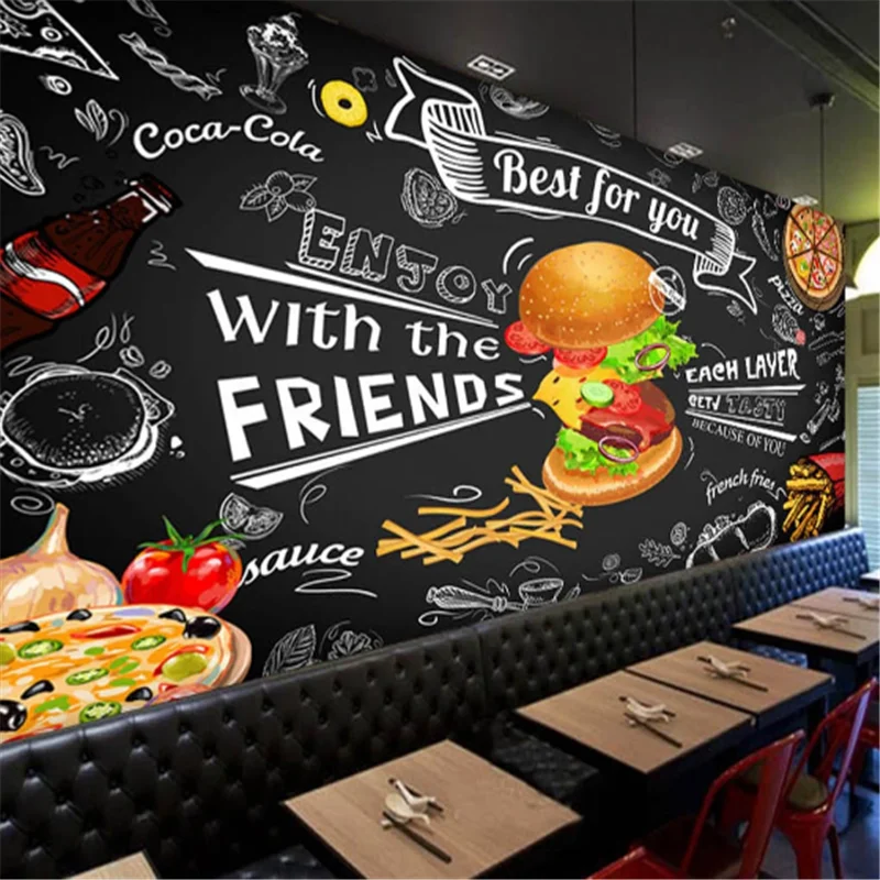 Custom  Burgers Western Fast Food Restaurant Black Background Wall Mural Wallpaper 3D Snack Bar Hamburger pizza Wall Paper 3D