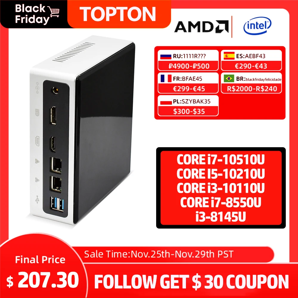 Best Cheap 10th Gen Mini PC Intel i7-10710U i5-8250U 6*Core 2*DDR4 M.2 NVMe NUC Computer Windows 10 Linux WiFi USB-C DP HDMI PC
