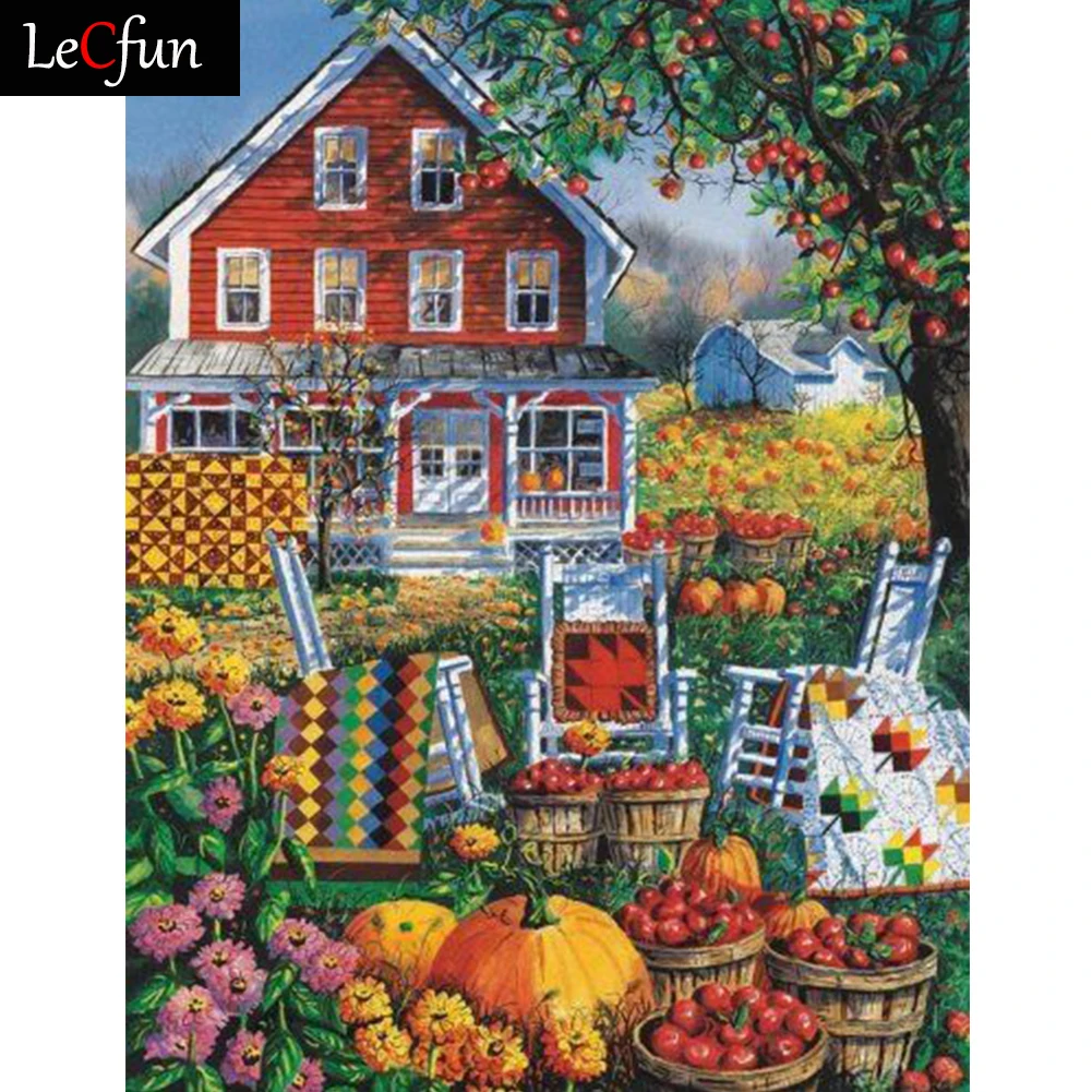 

LeCfun 5D Diamond Painting Autumn Pumpkins Harvest House Full Square/Round Drill Art Cross Stitch Embroidery Rhinestone Art