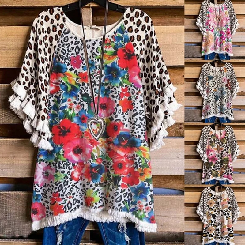 

Футболка Lugentolo женская с коротким рукавом, винтажный пуловер с круглым вырезом, с леопардовым принтом, с цветочным принтом, уличная одежда, л...