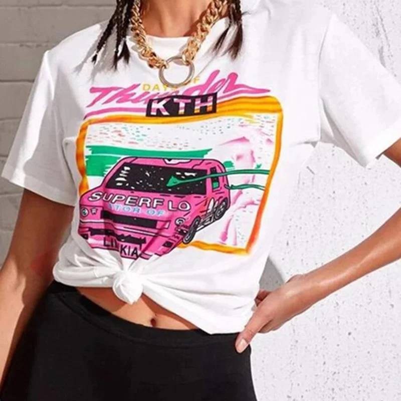 

White Letter Car Print Loose Graphic T Shirts Women New Summer Plus Size 2021 Streetwear Casual Female T Shirt Fashion Tops Chic