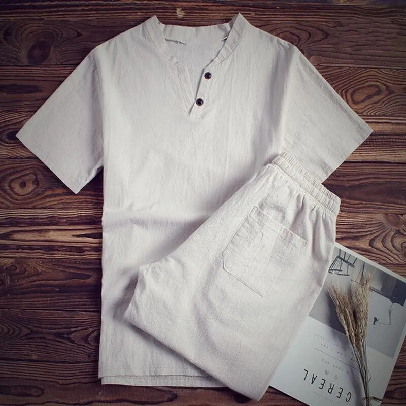 

New Summer 2023 Cotton Linen V Neck Black White Sets For Male Plus Size M-8XL Loose Fit Two Piece Set For Man