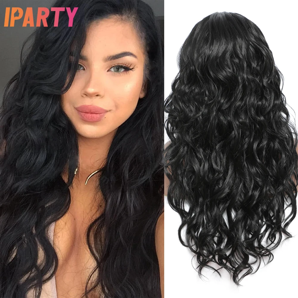 

Черные Длинные Синтетические парики на сетке спереди парик с детскими волнистыми волосами натуральные мягкие для женщин термостойкие воло...