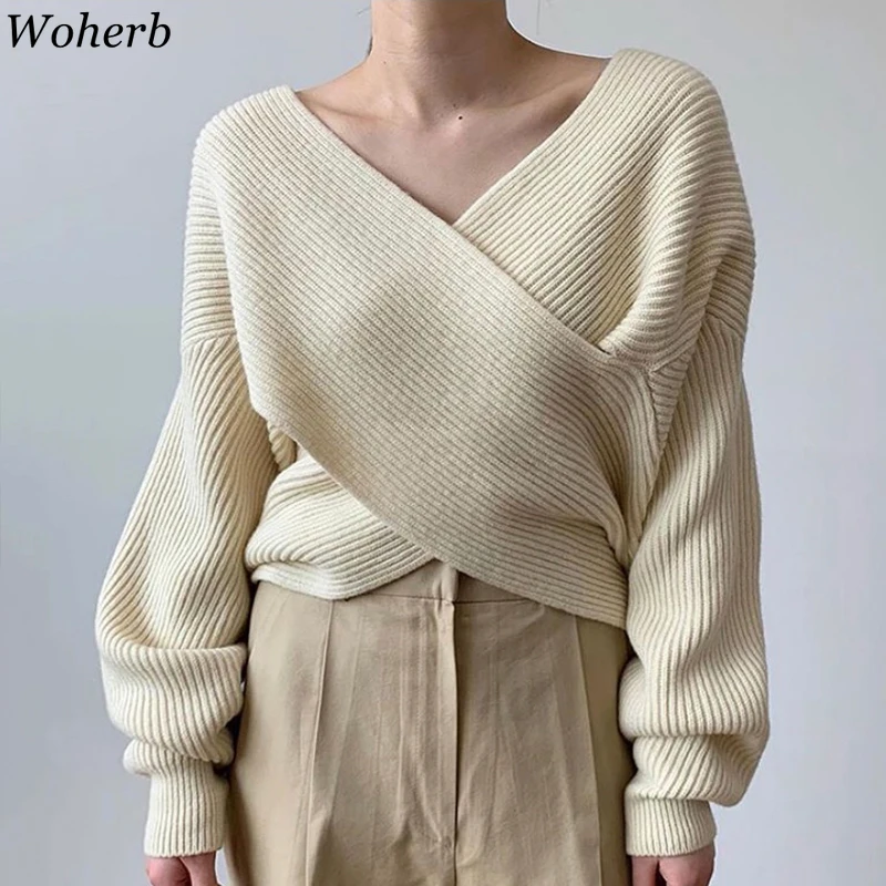 Женский вязаный свитер Woherb однотонный Повседневный с V-образным вырезом и