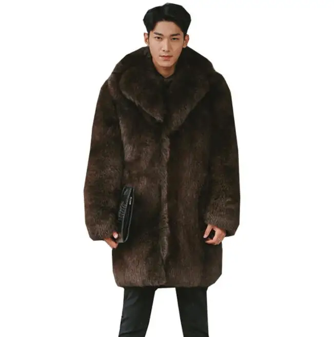Осенняя коричневая куртка из искусственной норки мужская одежда средней длины