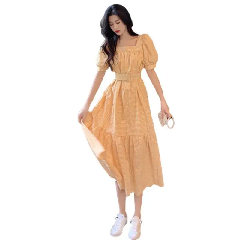 

Women's Spring Summer Style Women's Dress Square Collar Puff Sleeve Patchwork Plaid Elegant Temperament Ladies Dress SS3183