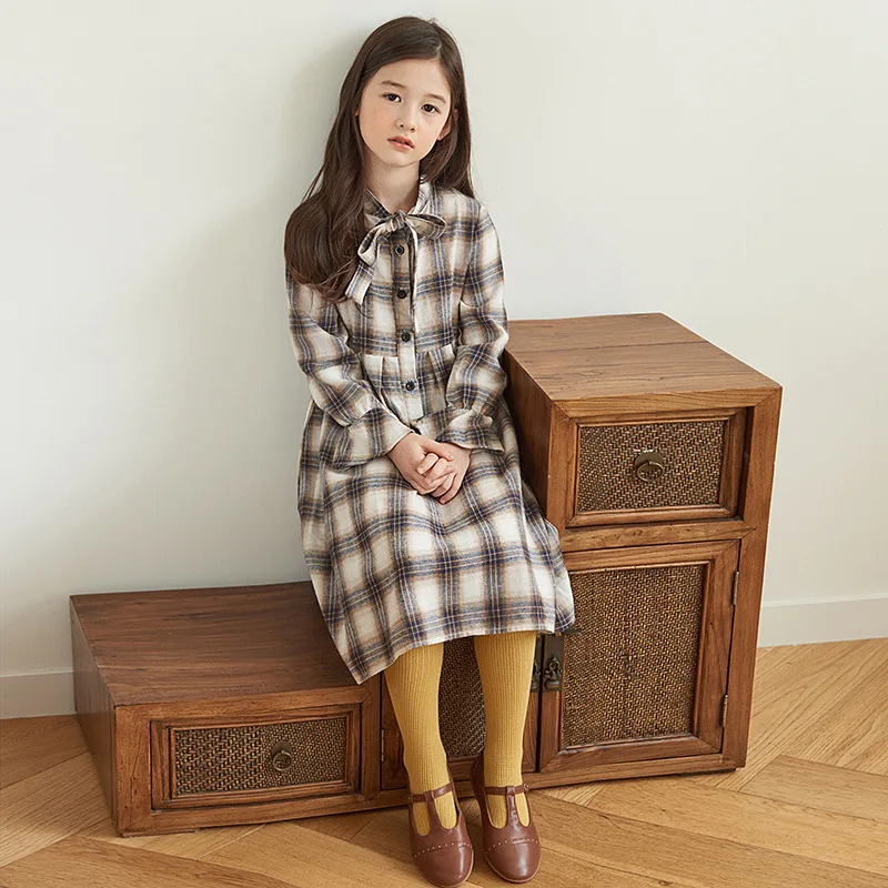 Модный корейский стиль клетчатое милое платье с длинными рукавами для девочек на