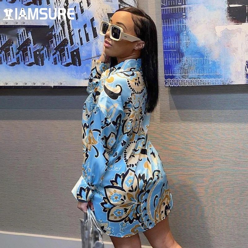 

IAMSURE Printed Satin Shirt Dress Holiday Beach Style Long Sleeve Yurn-Down Collar Mini Dreesses For Women 2021 Casual Fashion