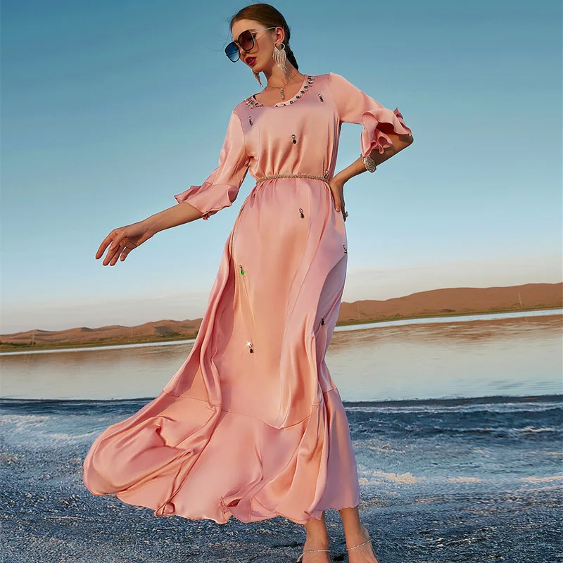 New Noble Luxury Muslim Women's Dress Diamond-studded Senior Pink Seaside Resort Long Skirt France Italy Abaya Evening Dress