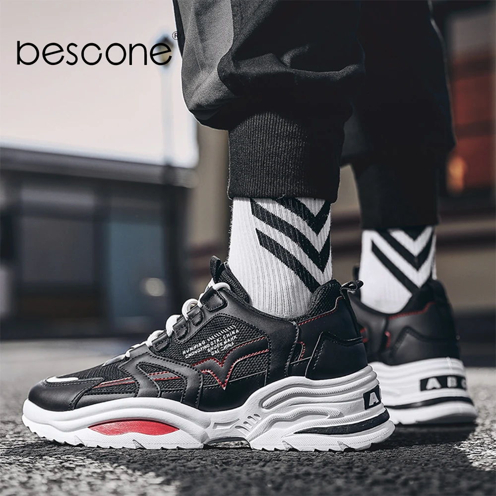 BESCONE/модные мужские кроссовки с дышащей сеткой спортивная обувь на толстой