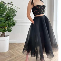 verngo 2021 new design black two pieces prom dresses spaghetti straps tulle skirt tea length evening party gowns with pockets