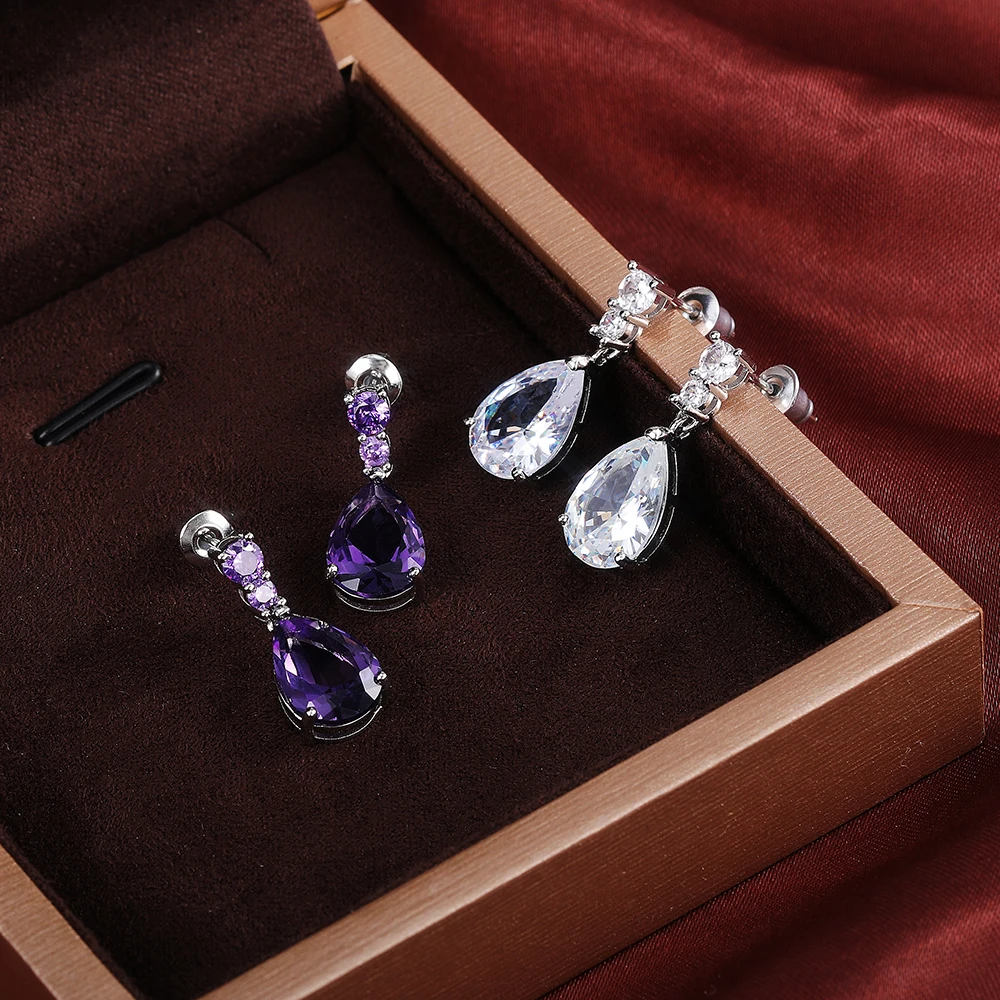 

Huitan Gorgeous AAA Cubic Zirconia Water Drop Charm Women Drop Earring Wedding Band Jewelry White/Purple High Quality Earrings